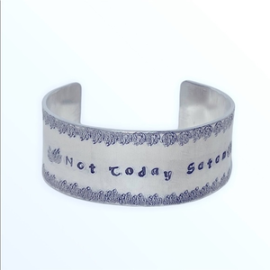 Handmade stamped Not Today‎ Satan
adjustable hypoallergenic silver cuff bracelet